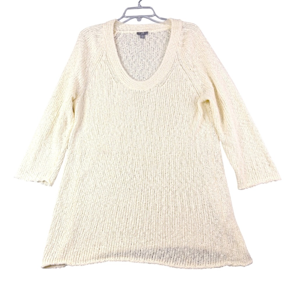 J. Jill XL Cream Scoop Neck Tunic Sweater 3/4 Sleeve Textured Knit Coastal Boho